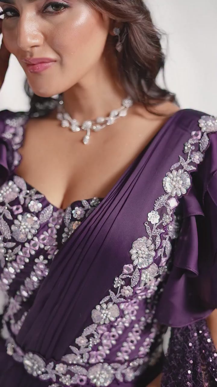 Purple handwork frill saree with blouse set