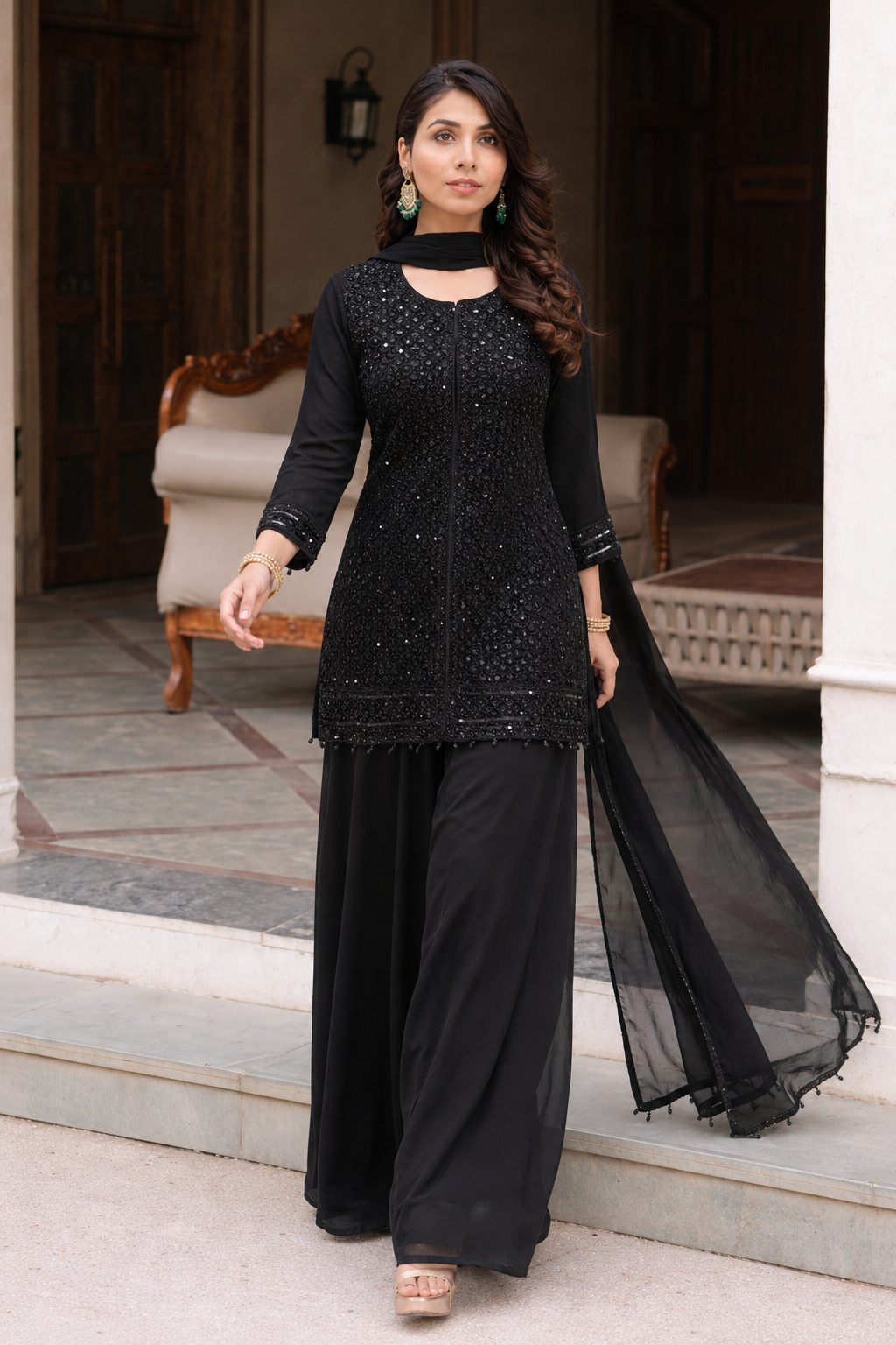 Black kurti with palazzo and dupatta set