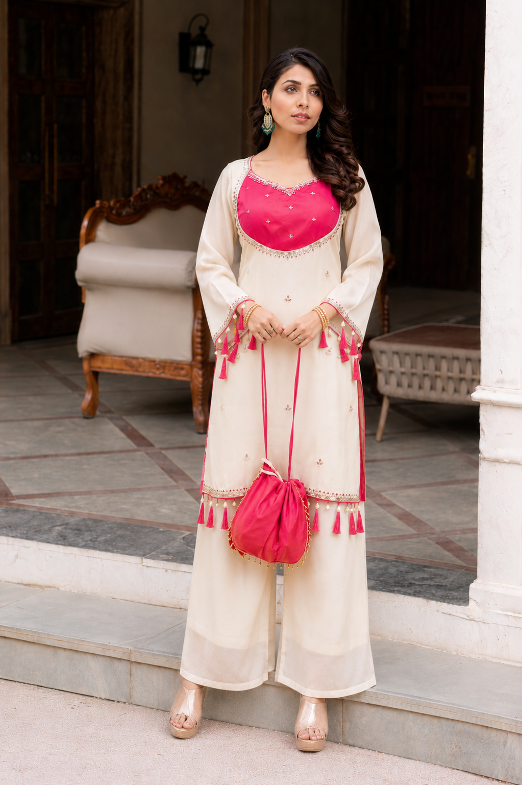 Off white bustier top kurta set with bottom