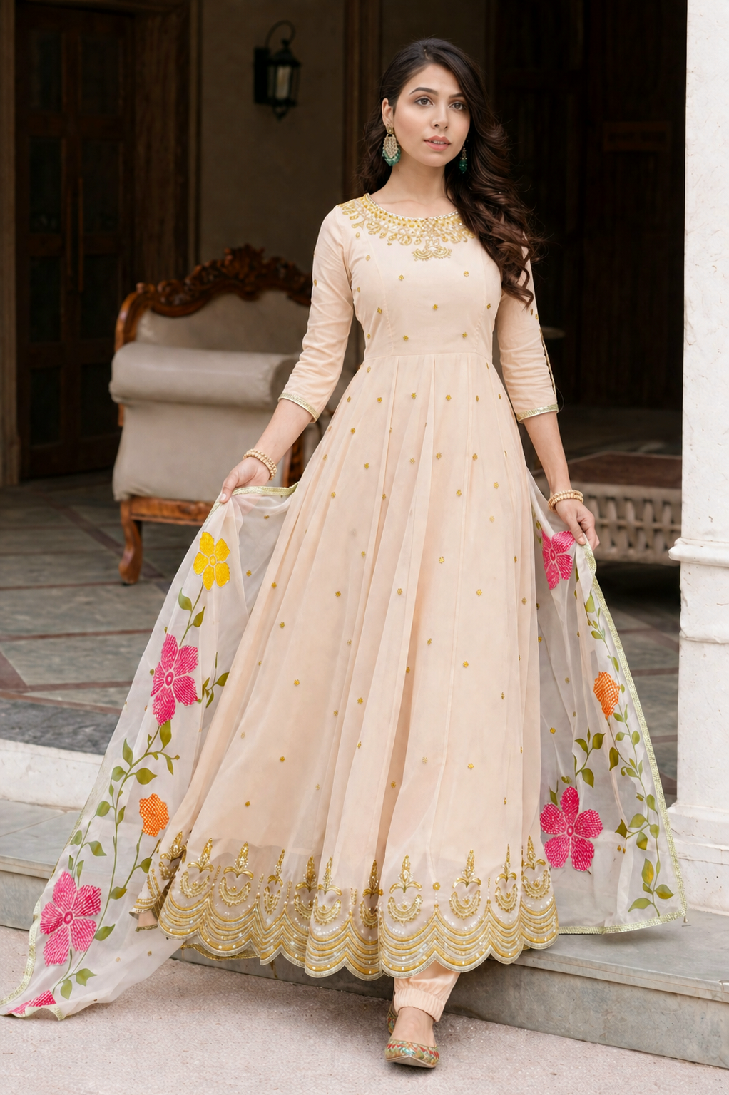 Peachy Pink flaired anarkali suit with pent and dupatta set