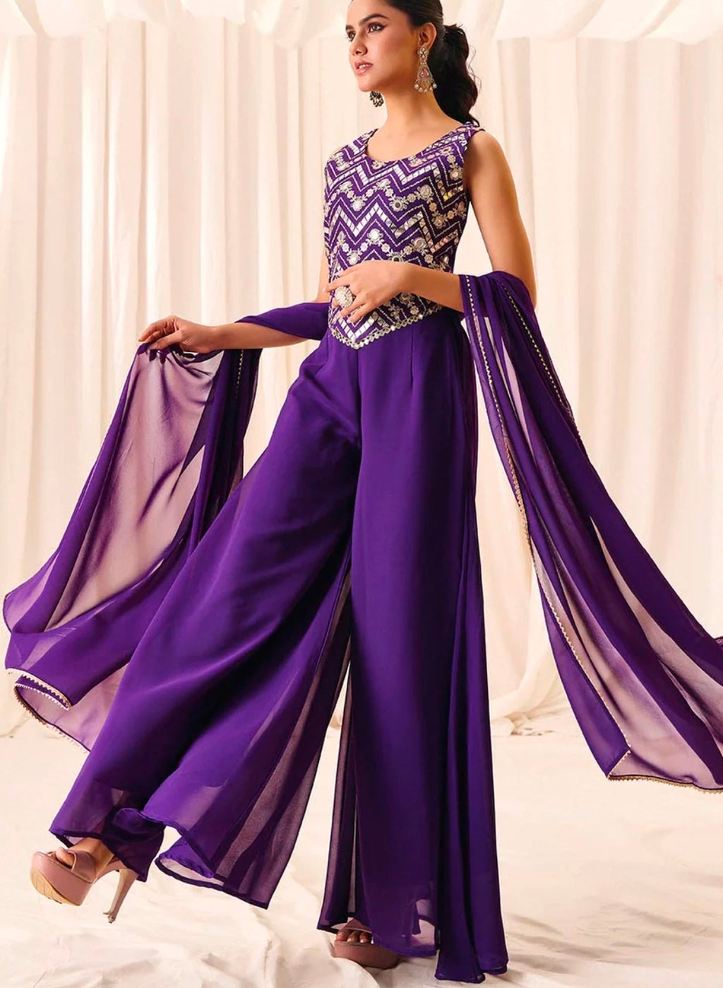 Purple crop top with palazzo and dupatta set
