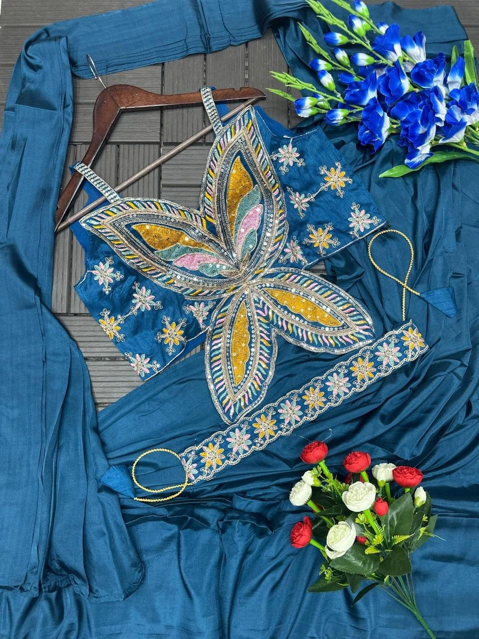 Blue ready to wear saree with blouse