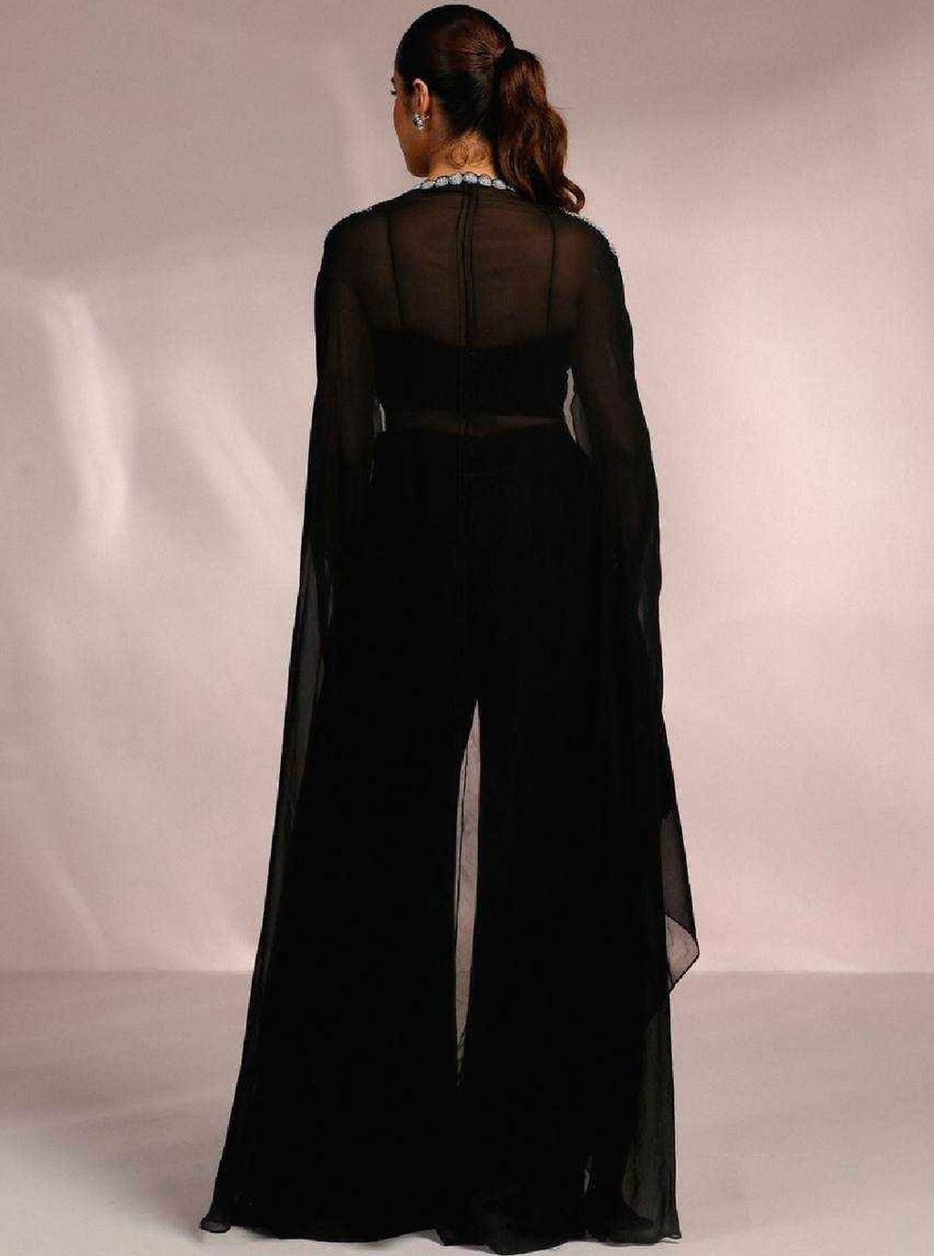 Black pleated top with sharara and cape set