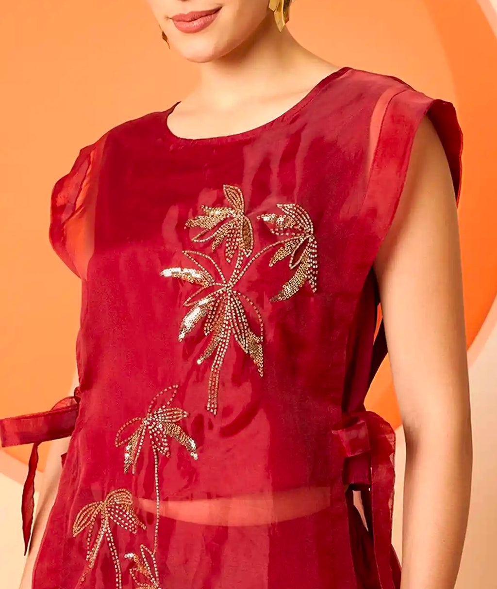 Red kurti with top and palazzo