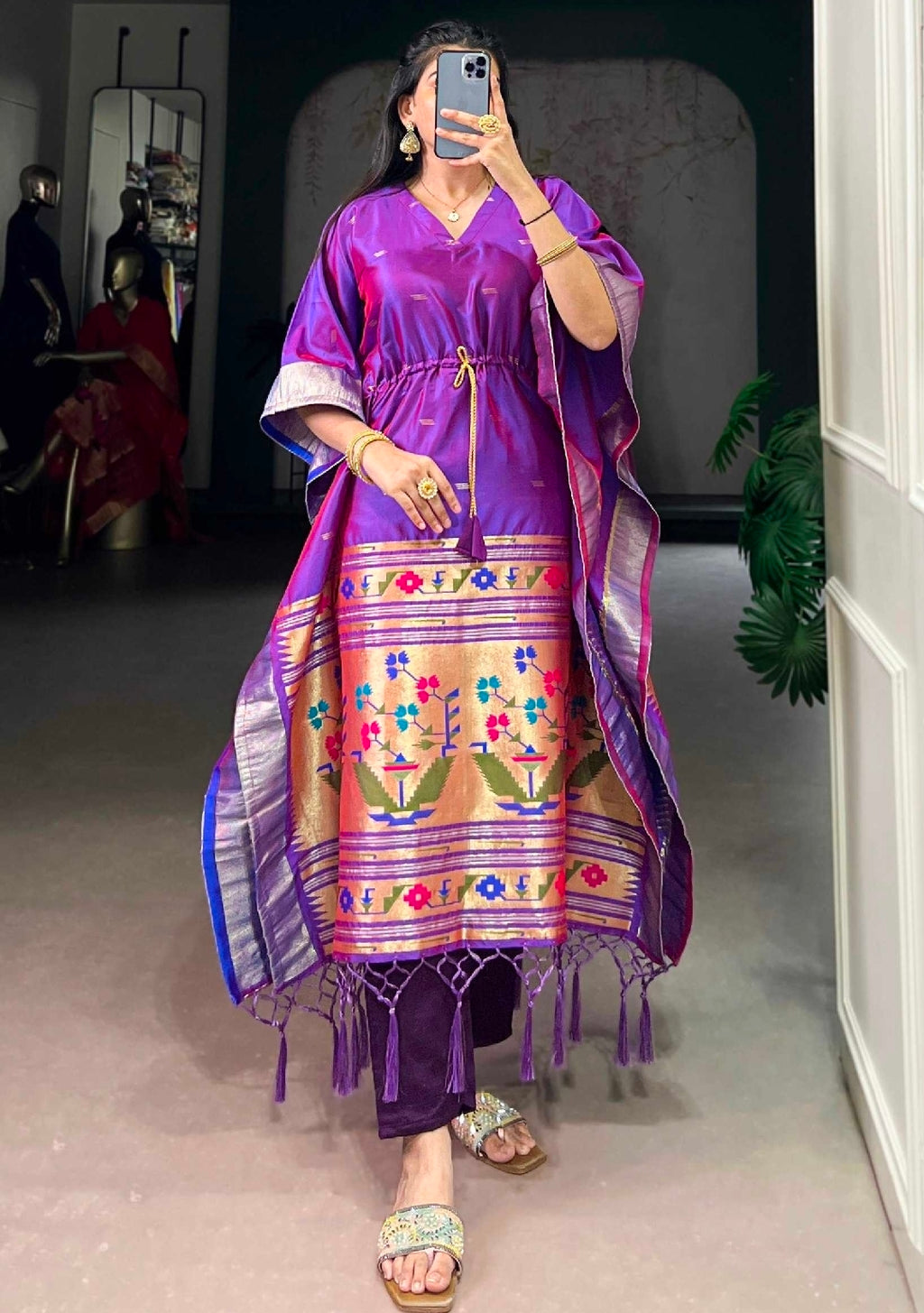 White pathaini silk kaftan with leggings