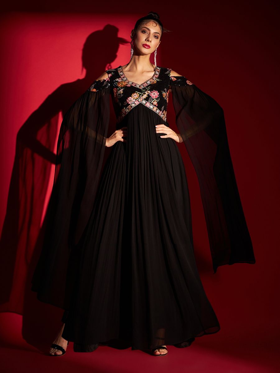 Black cold shoulder flaired long gown