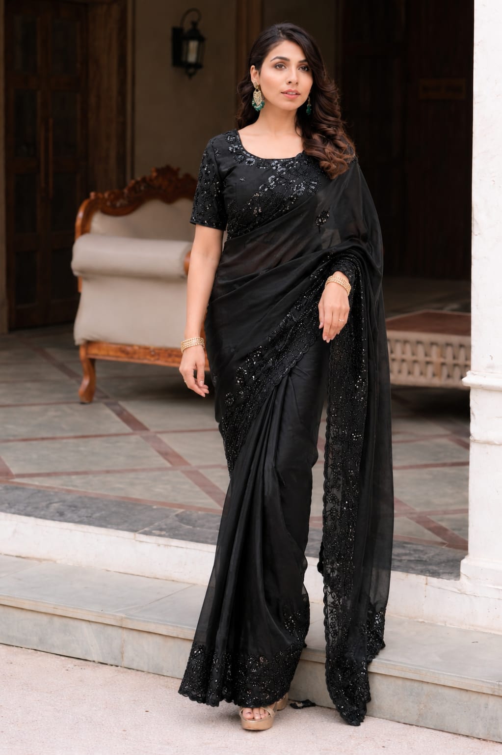 Black cutdana work saree