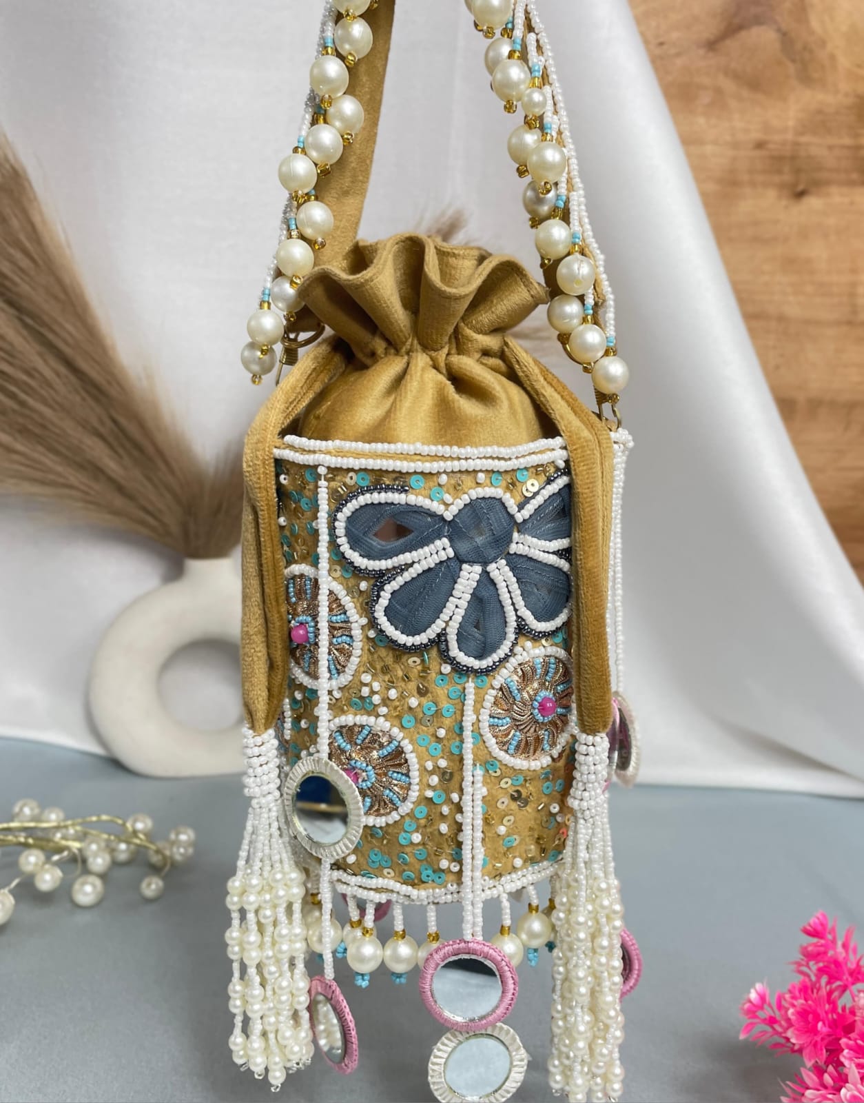 White floral pearl dangling latkan purse