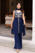 Blue front slit kurta set with palazzo and dupatta set
