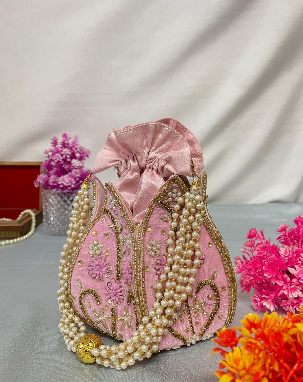 Pink moti work indian potli bag