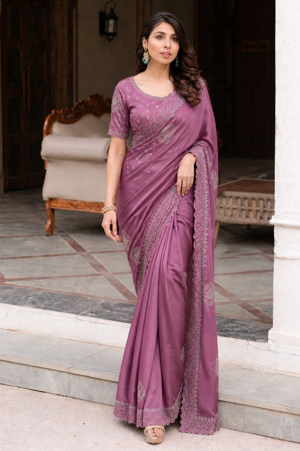 Purple rhinestone saree with blouse