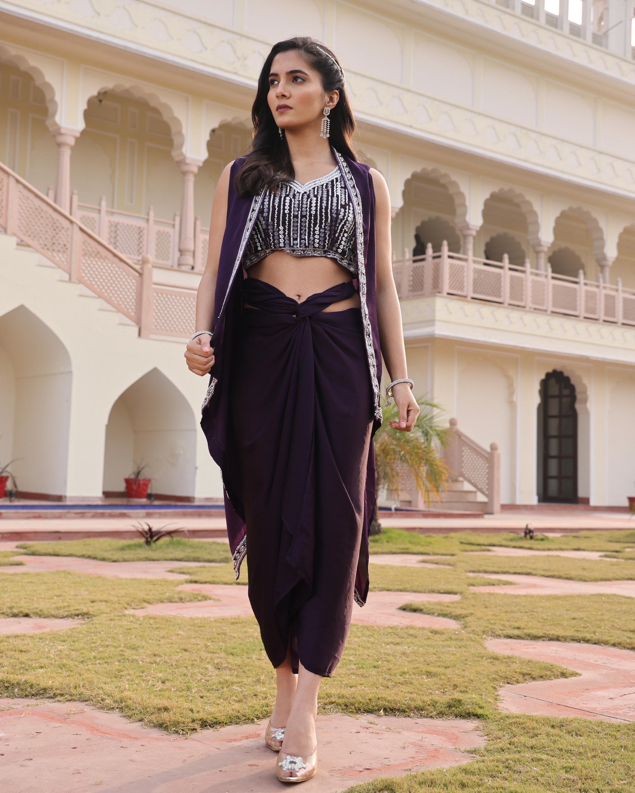 Purple top with dhoti and cape set