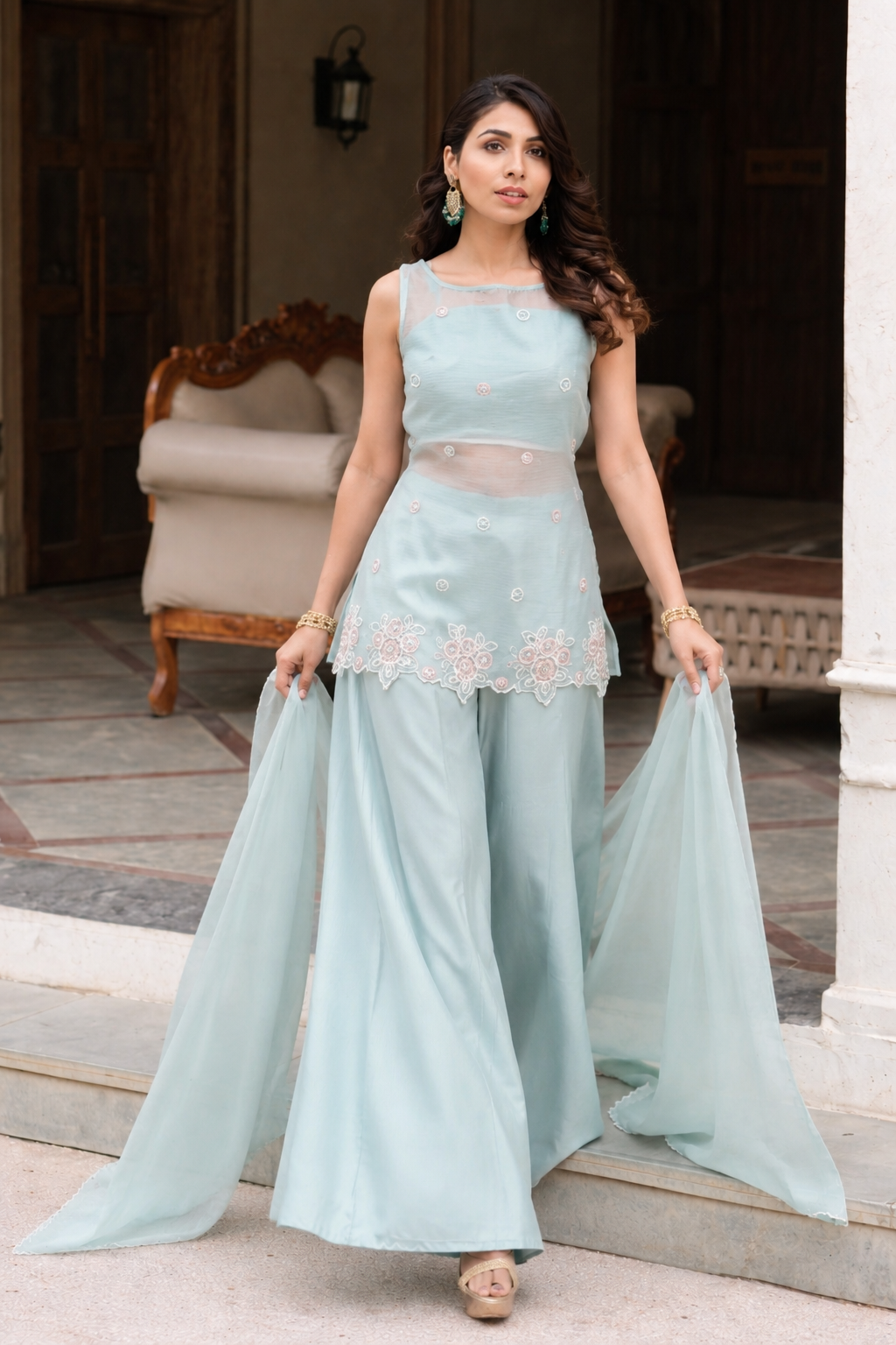 Blue handwork kurta with palazzo and dupatta set