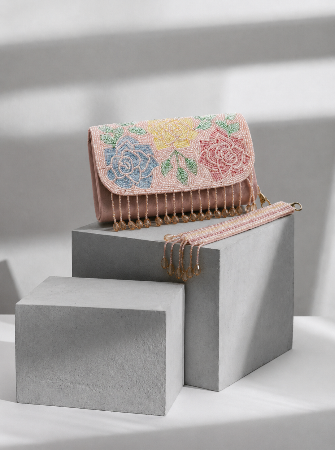 Pink floral beaded bag