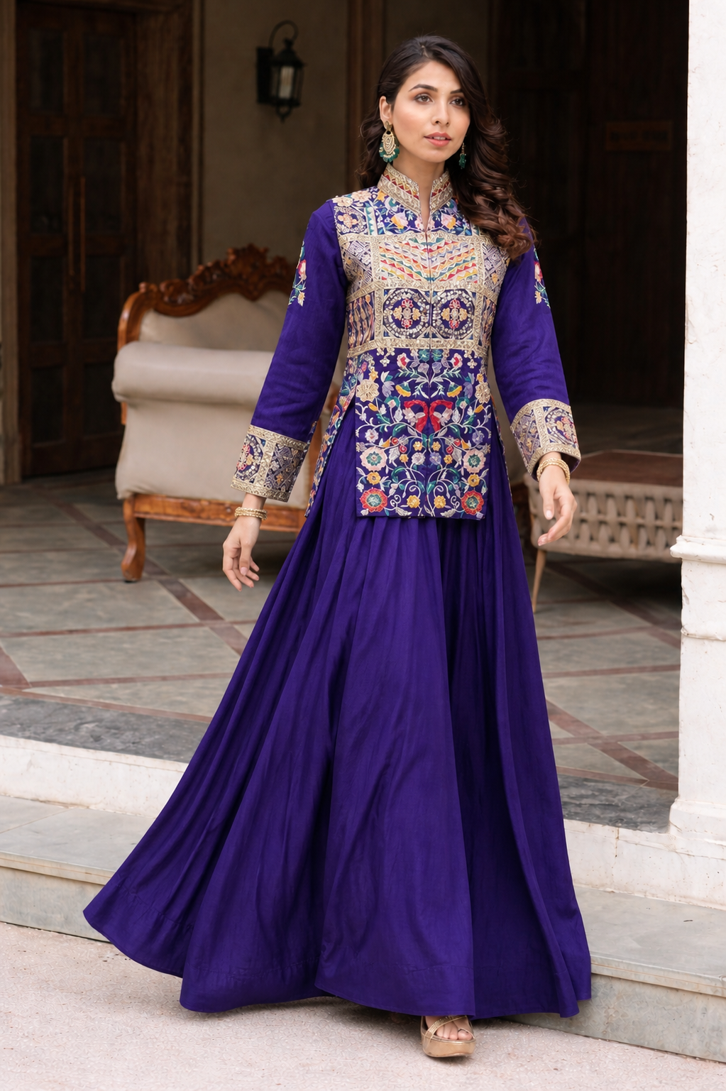 Blue lehenga skirt with slit shot kurti set