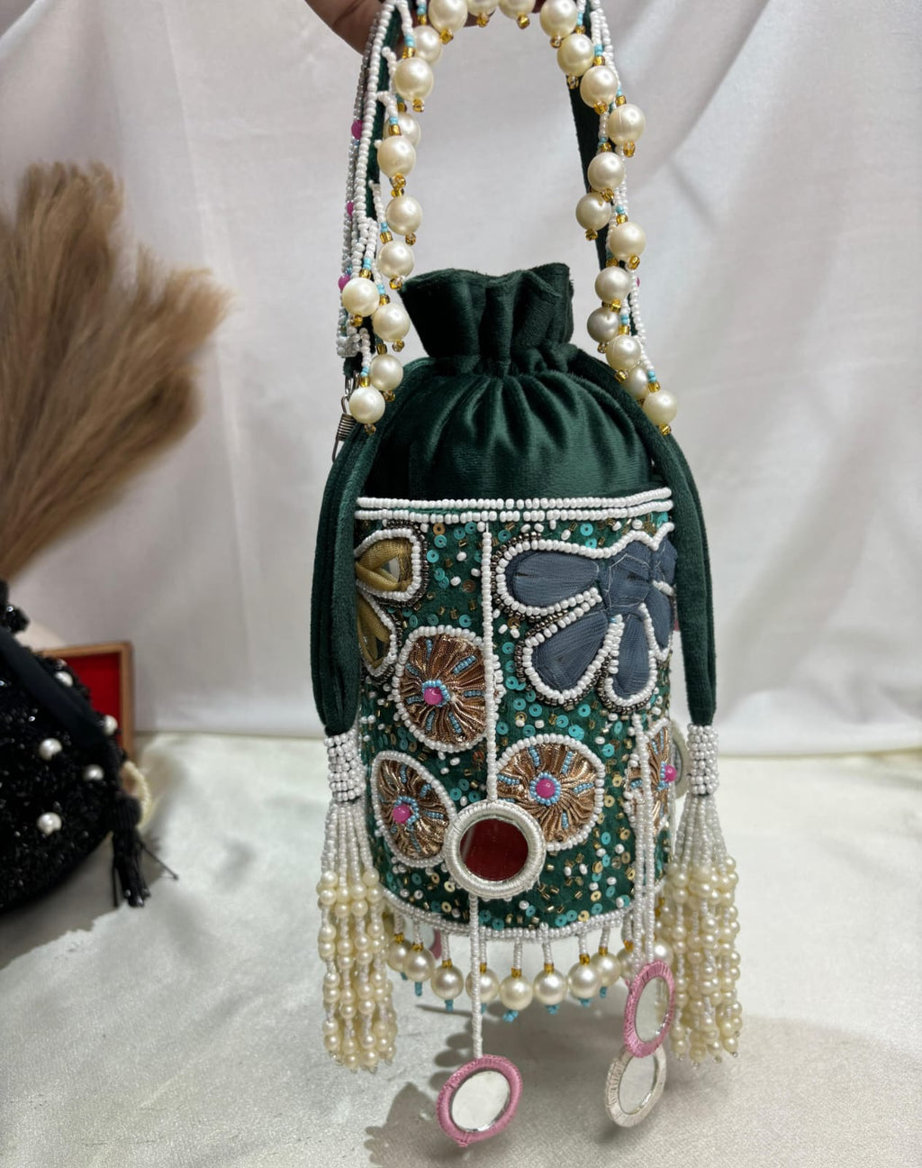 White floral pearl dangling latkan purse