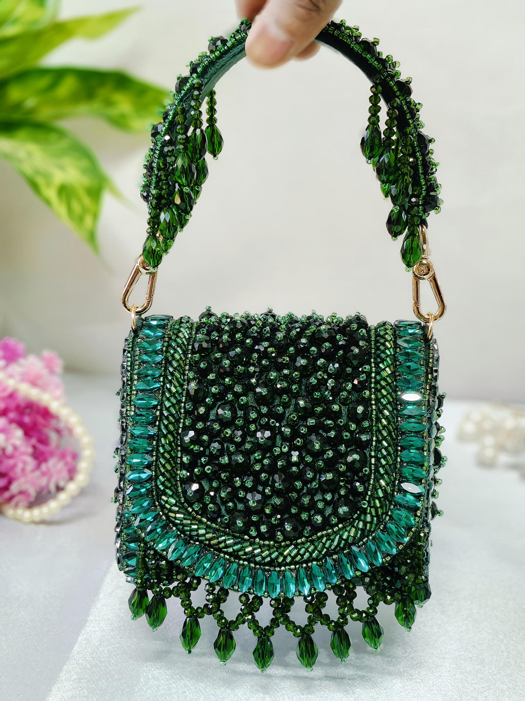 Golden dangling beaded purse
