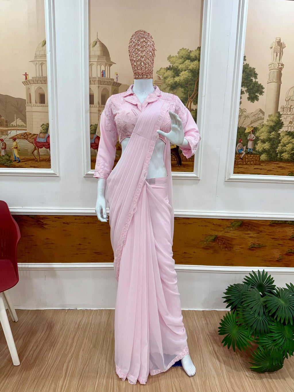 Pink ready to wear saree with blouse