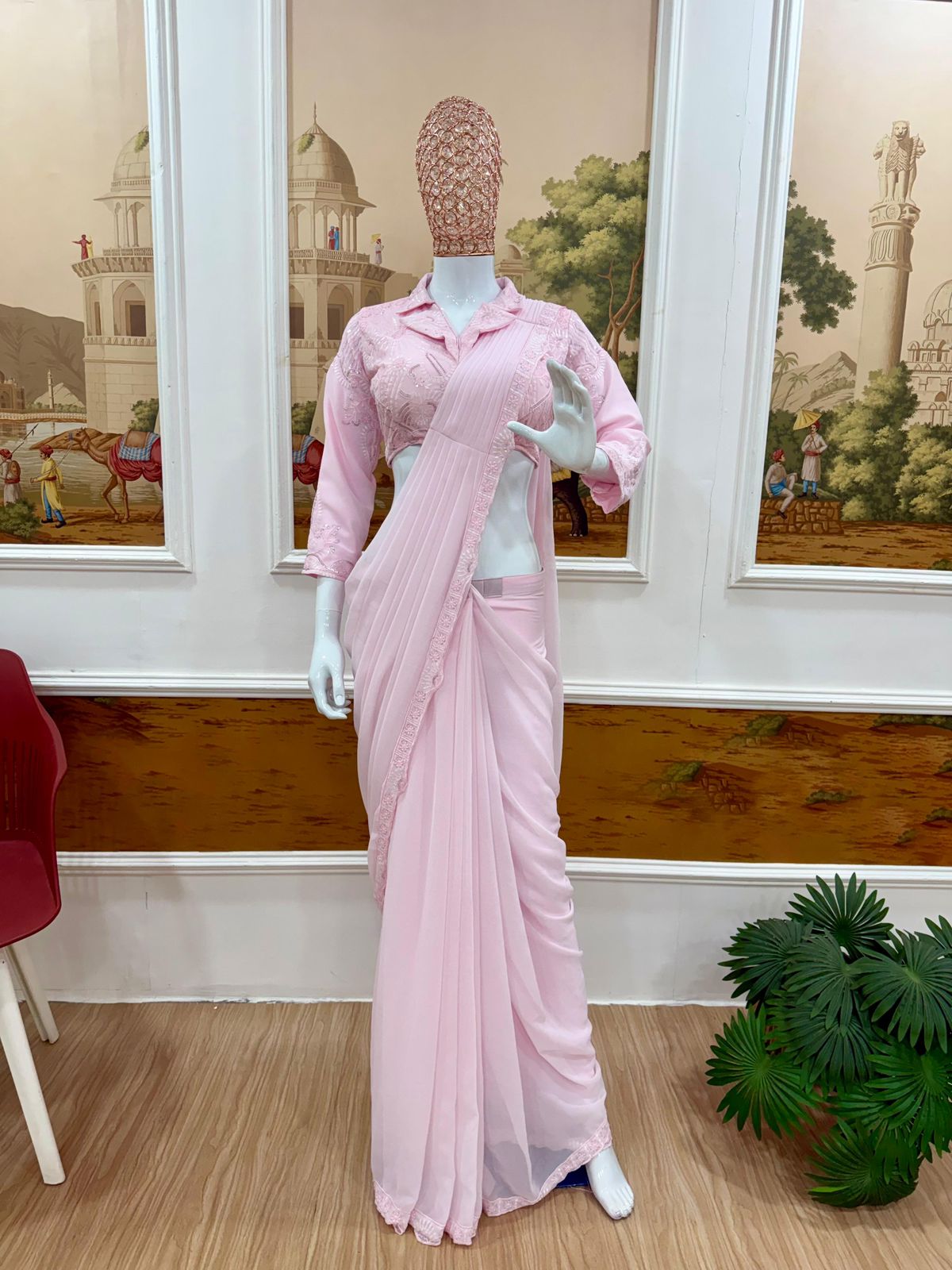 Pink ready to wear saree with blouse