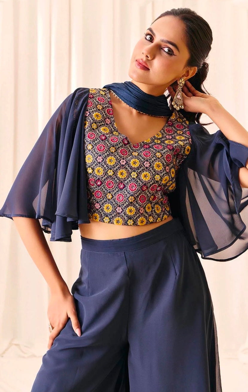 Blue top with palazzo and dupatta set