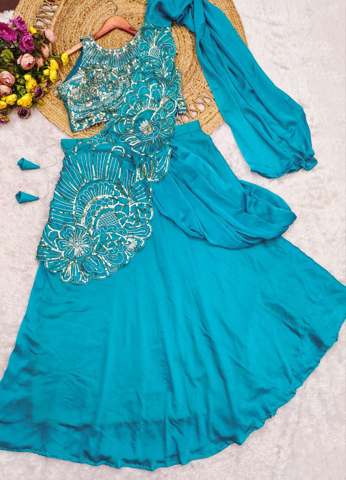Blue ready to wear lehenga saree with blouse