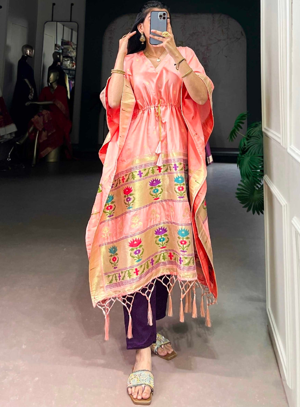 White pathaini silk kaftan with leggings