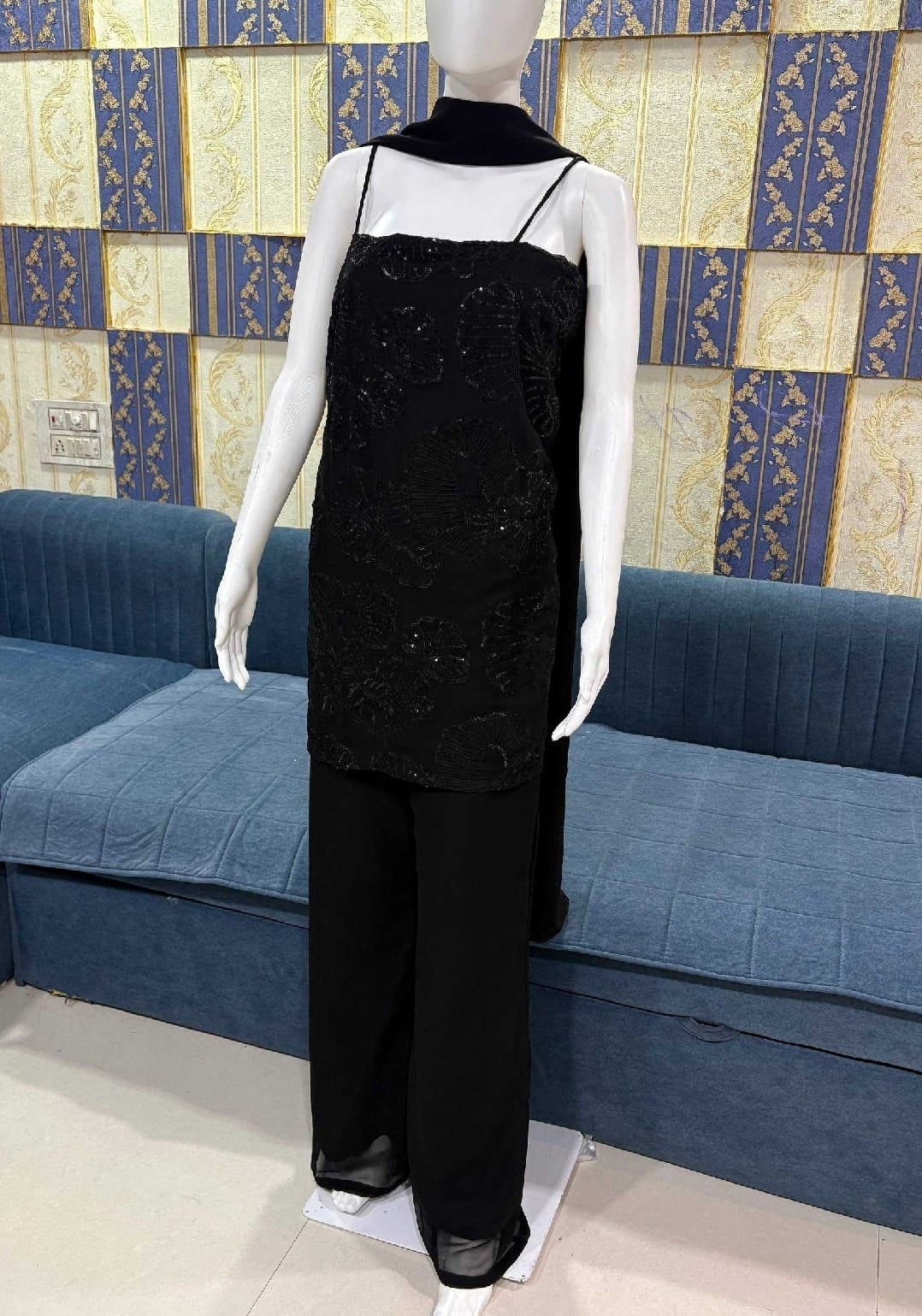 Black sleeveless kurti with palazzo and dupatta set