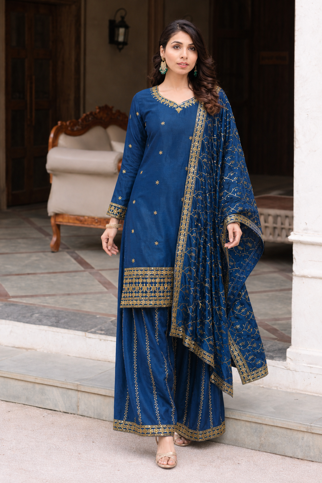 Blue kurti and sharara with dupatta