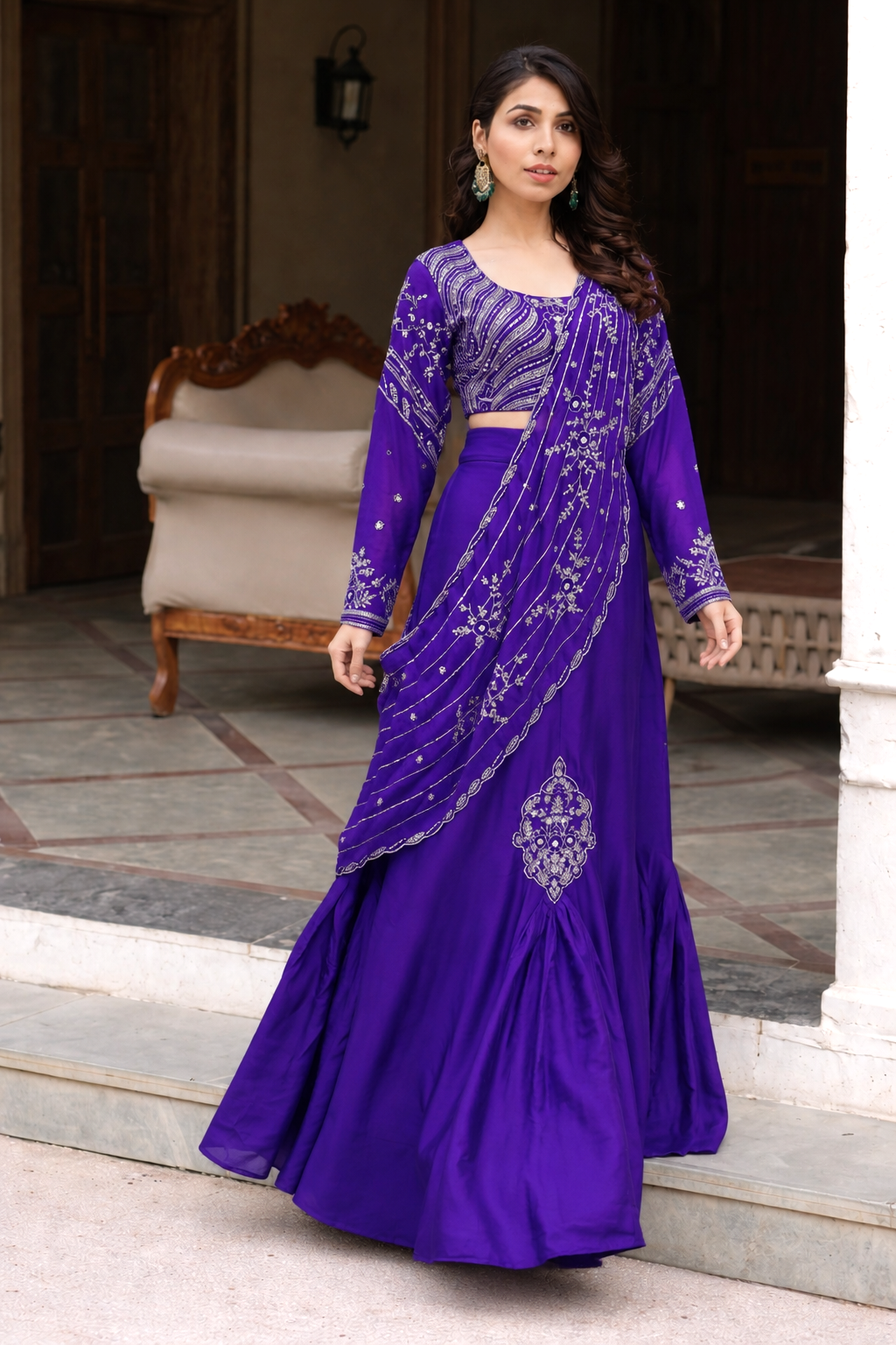 Purple fish cut lehenga saree with blouse