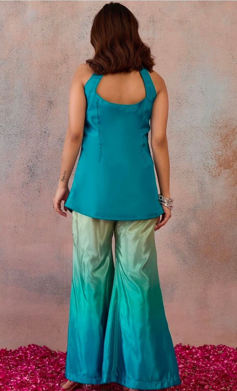 Blue indo western front slit with pents