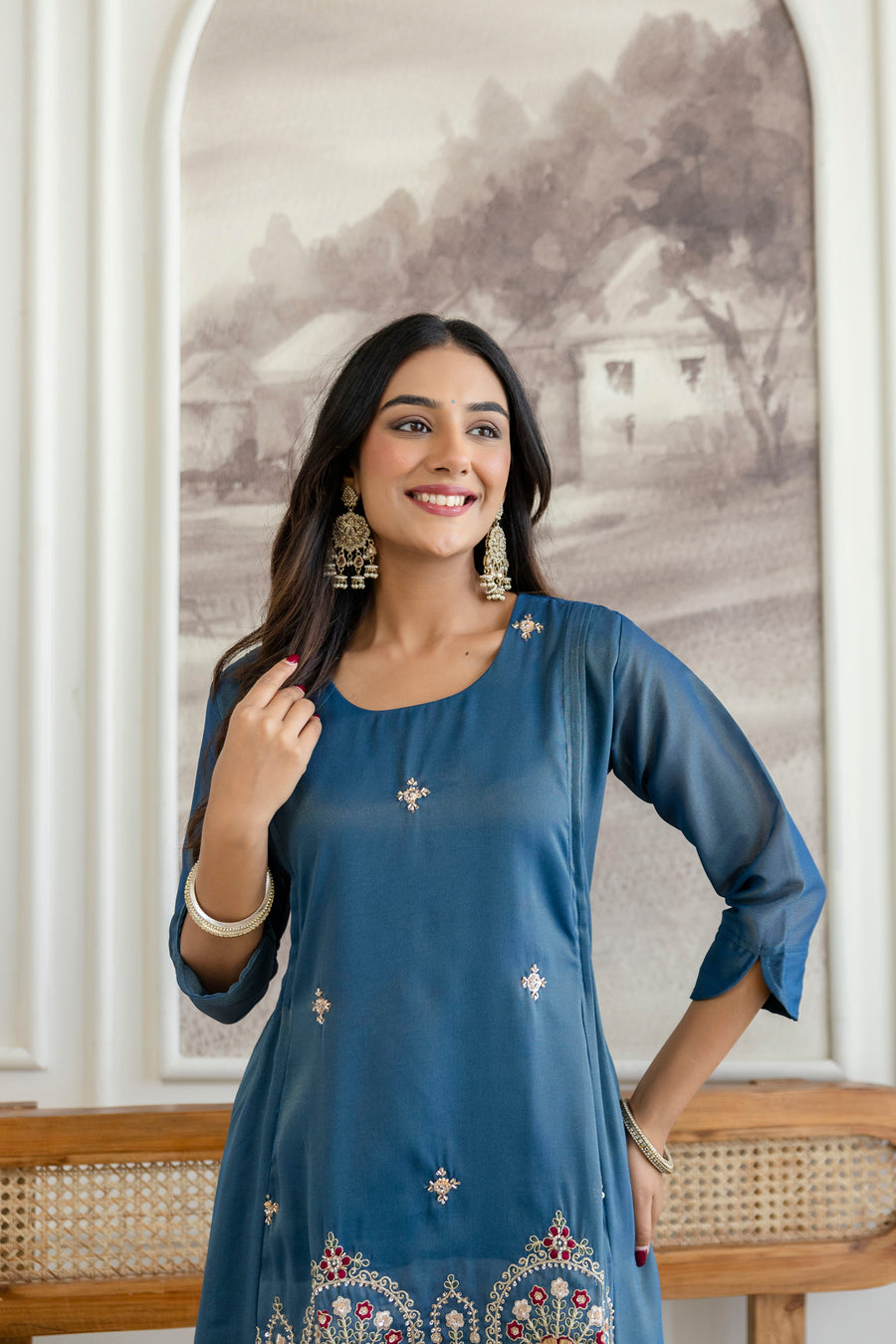 Blue a line kurti with pent set