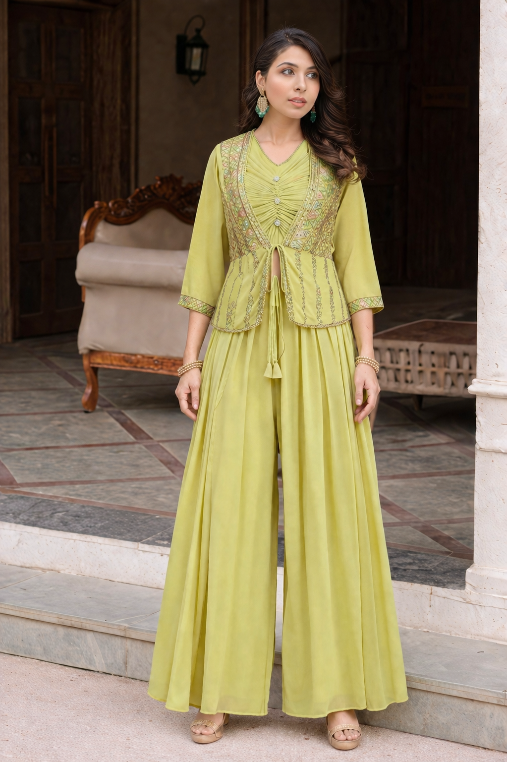 Green top with jacket and palazzo 3pc set