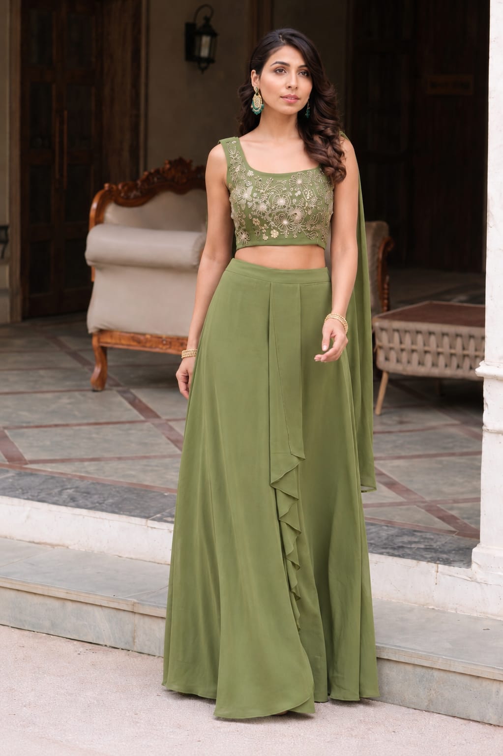 Green indo western pleated dhoti with top