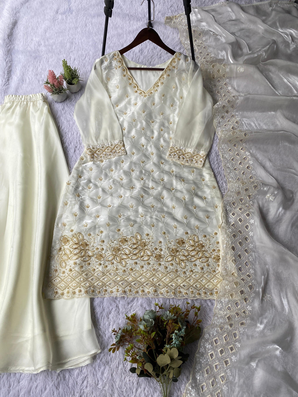 White pakistani kurti with palazzo and dupatta set