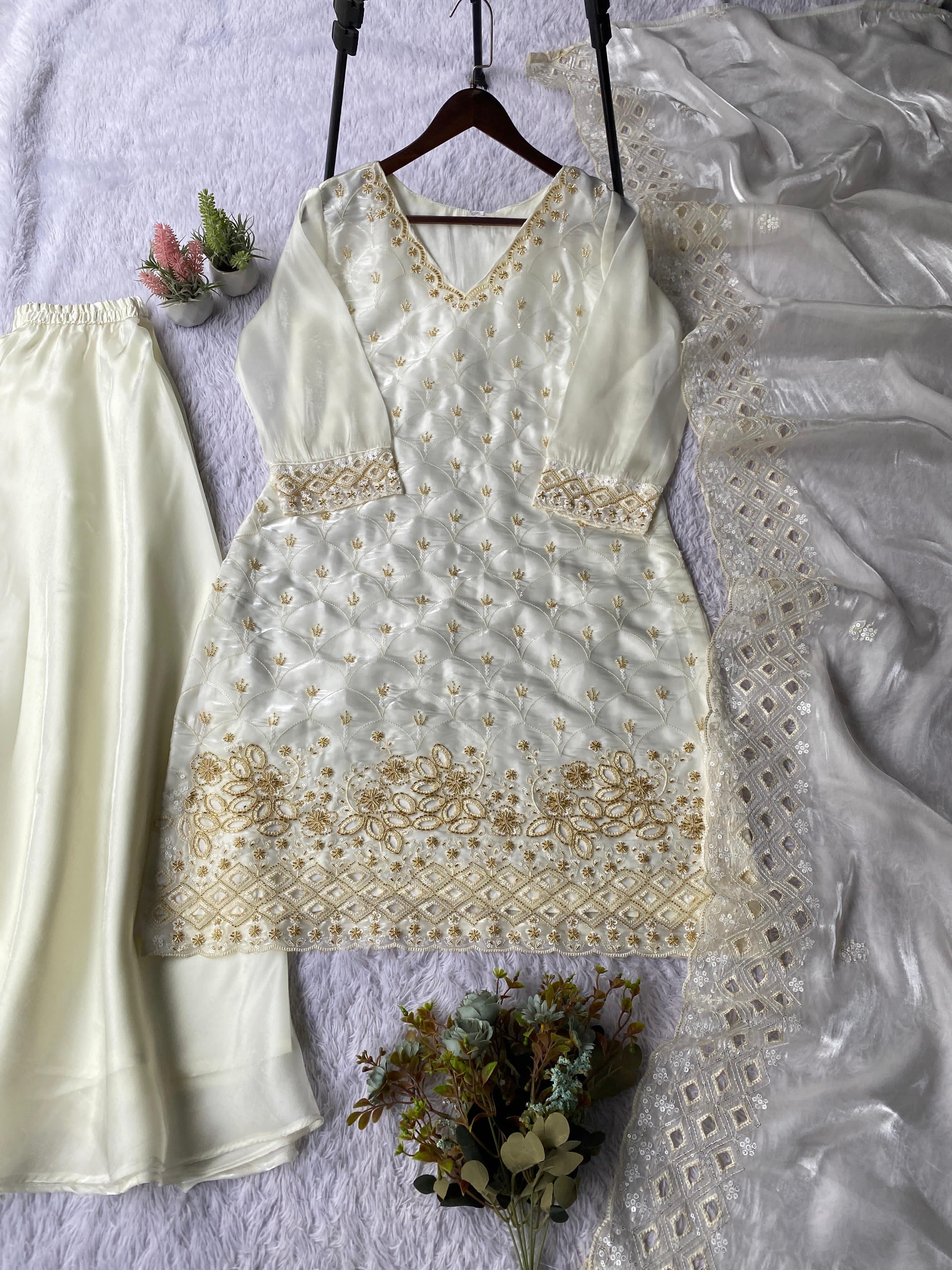 White pakistani kurti with palazzo and dupatta set