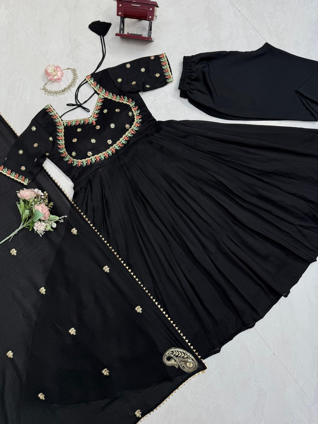 Black anarkali suit with pent and dupatta set