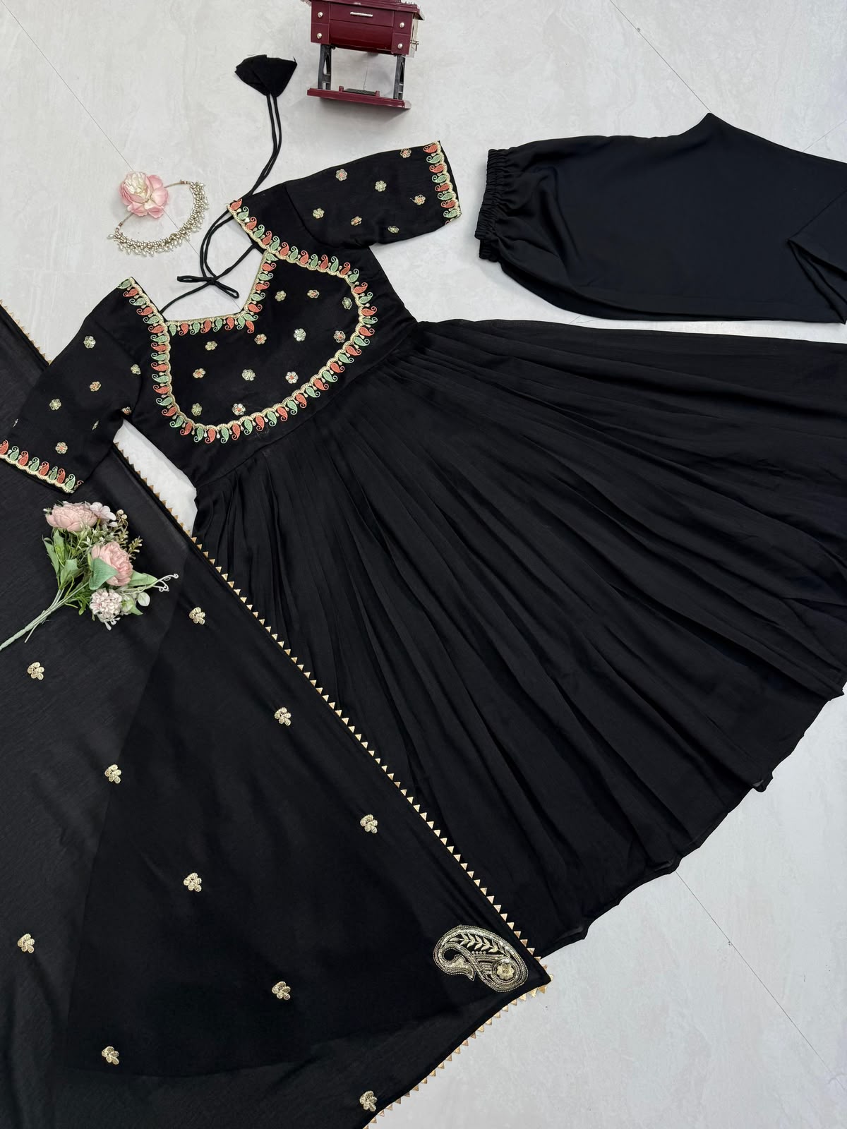 Black anarkali suit with pent and dupatta set