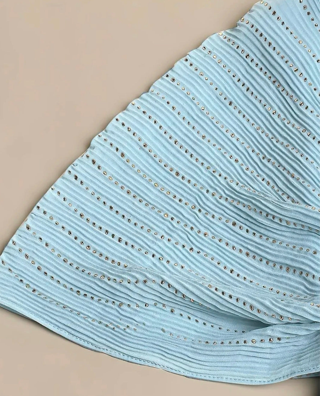 Ice blue off shoulder gown with belt