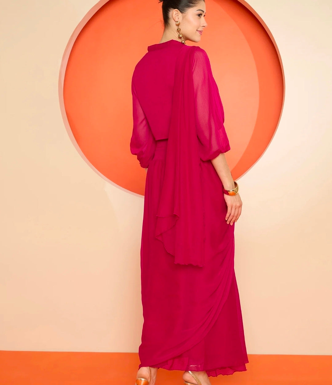 Pink pleated drape dhoti saree with blouse