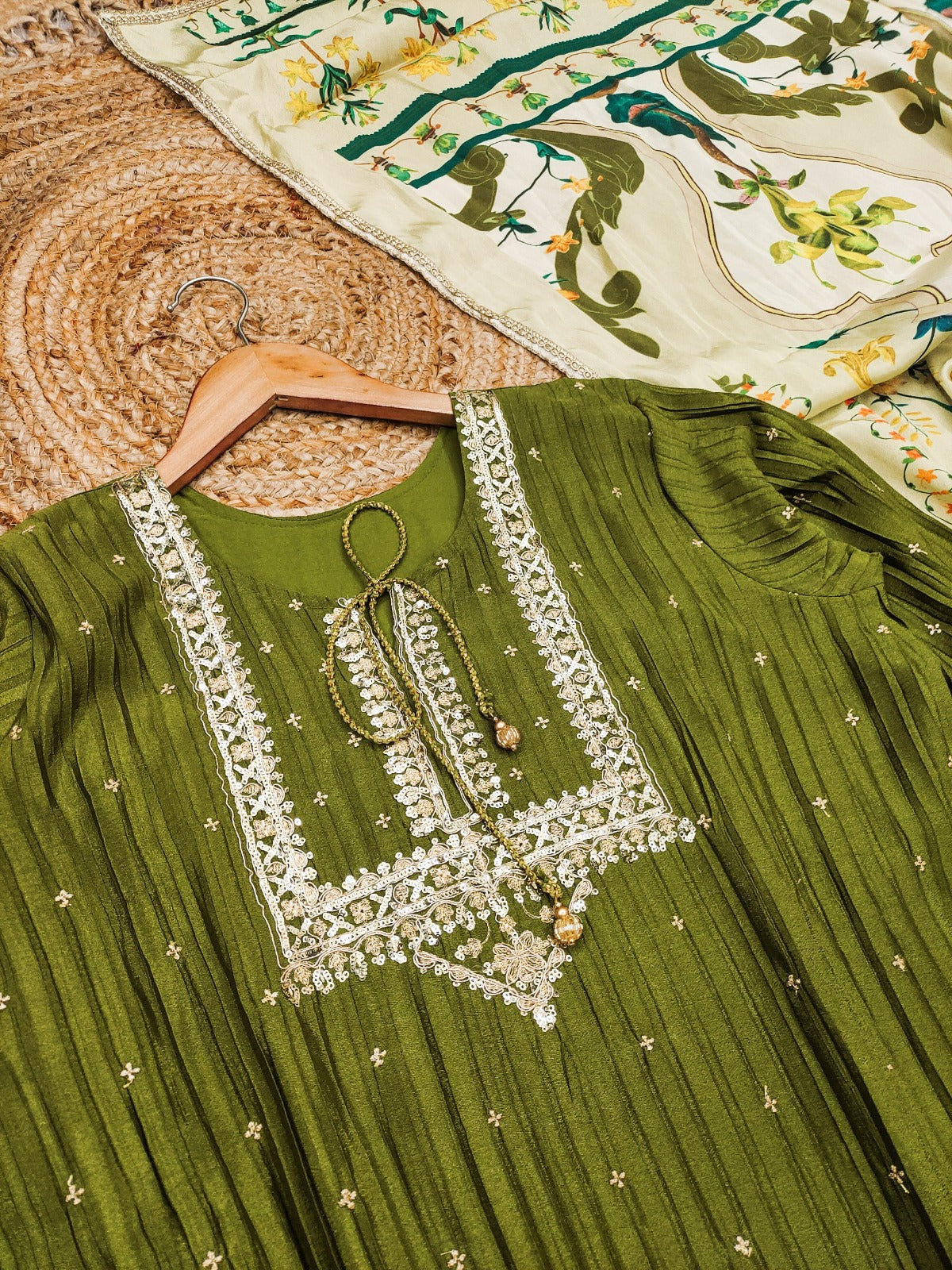 Green kurti with palazzo and printed dupatta set