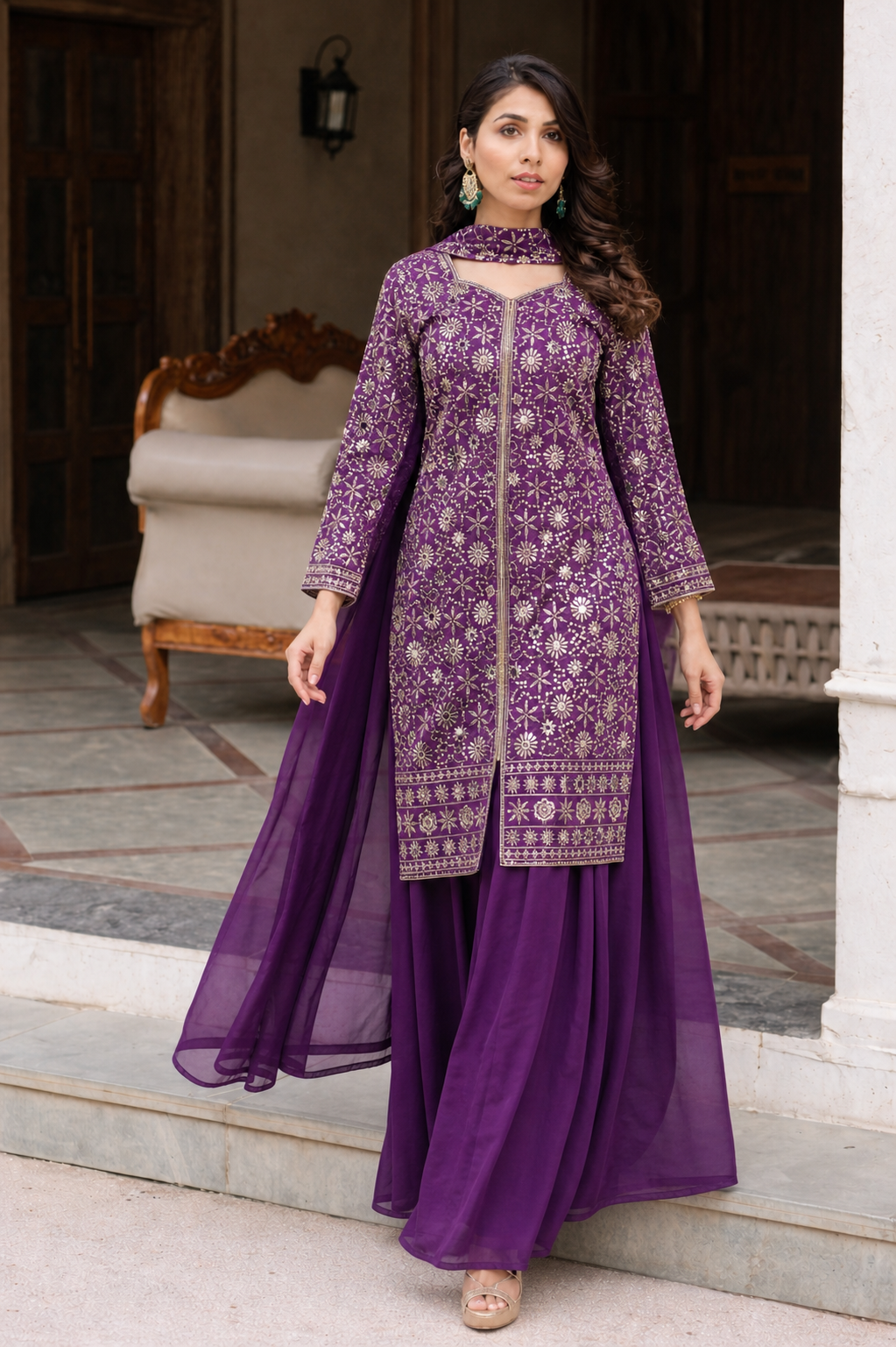 Purple kurti with salwar and dupatta set