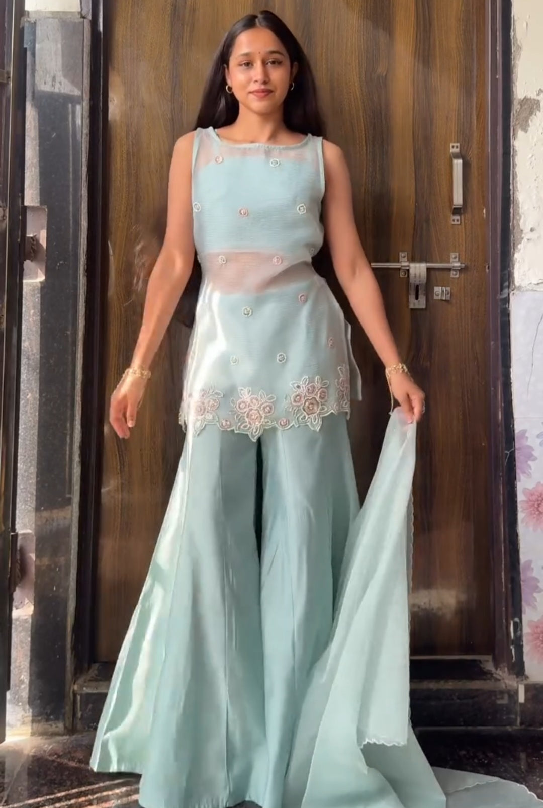 Blue handwork kurta with palazzo and dupatta set