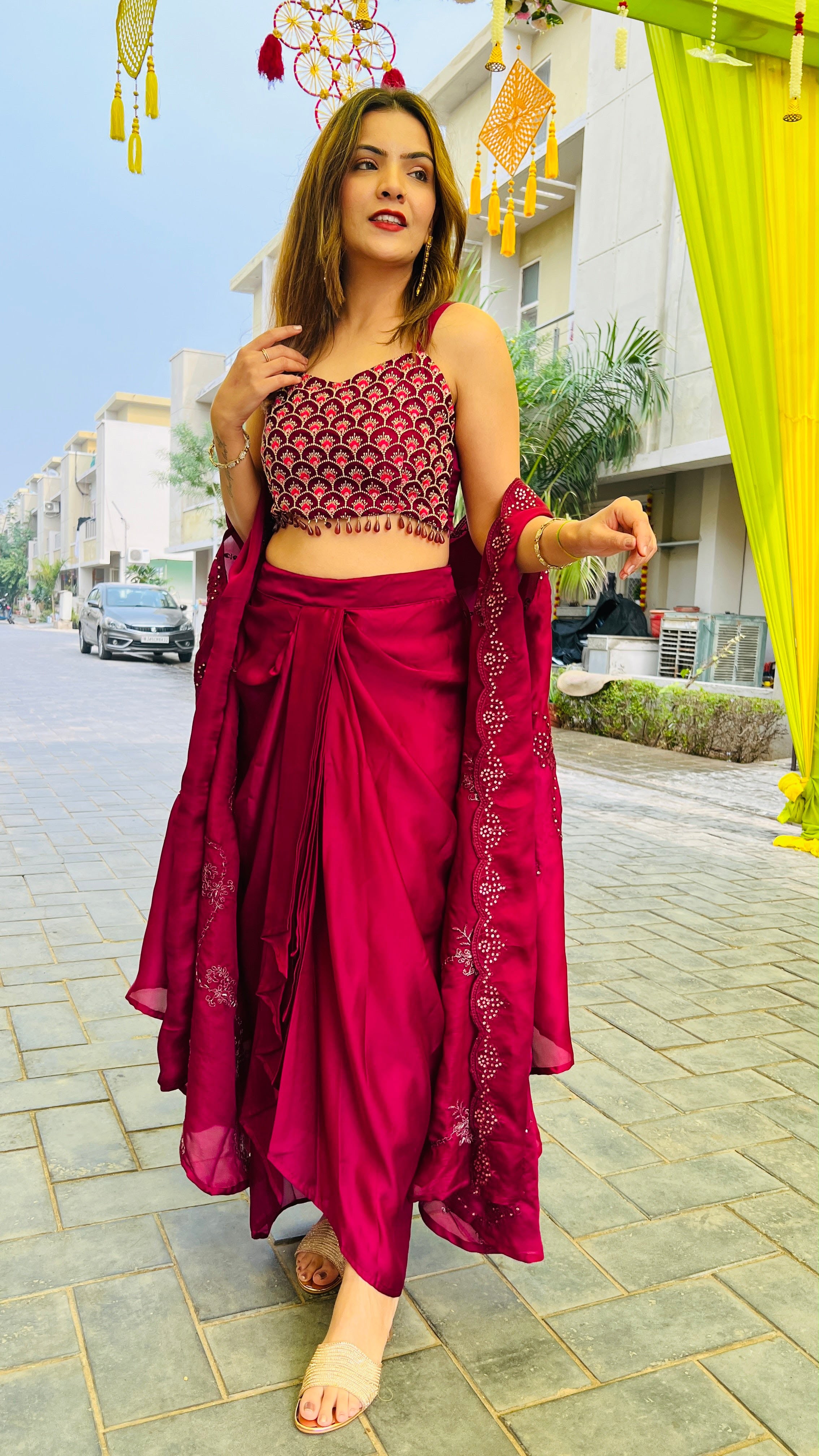 Red top with dhoti skirt and cape shrug set