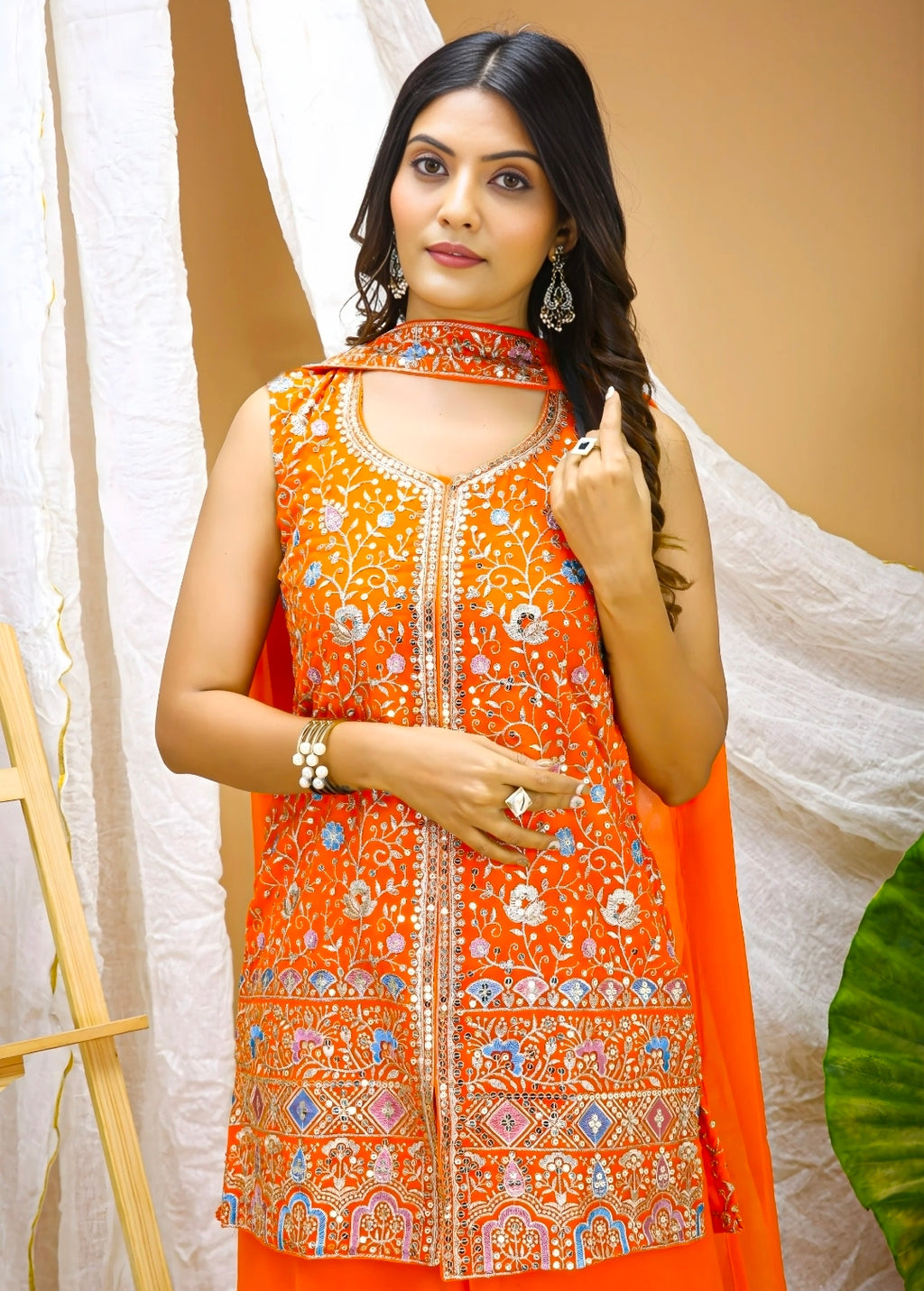 Orange kurti and bottom with dupatta set