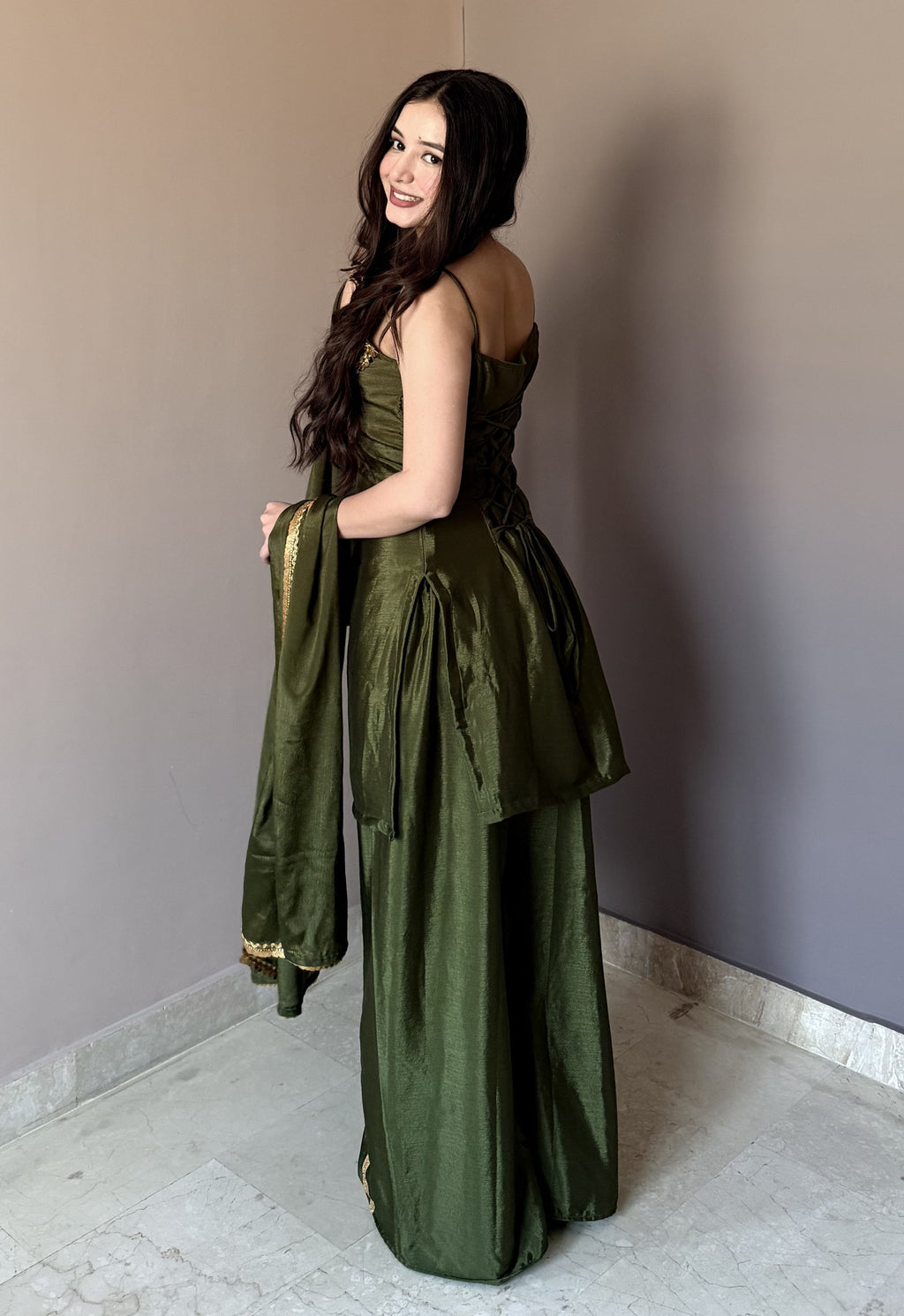 Green corset kurta with palazzo and dupatta