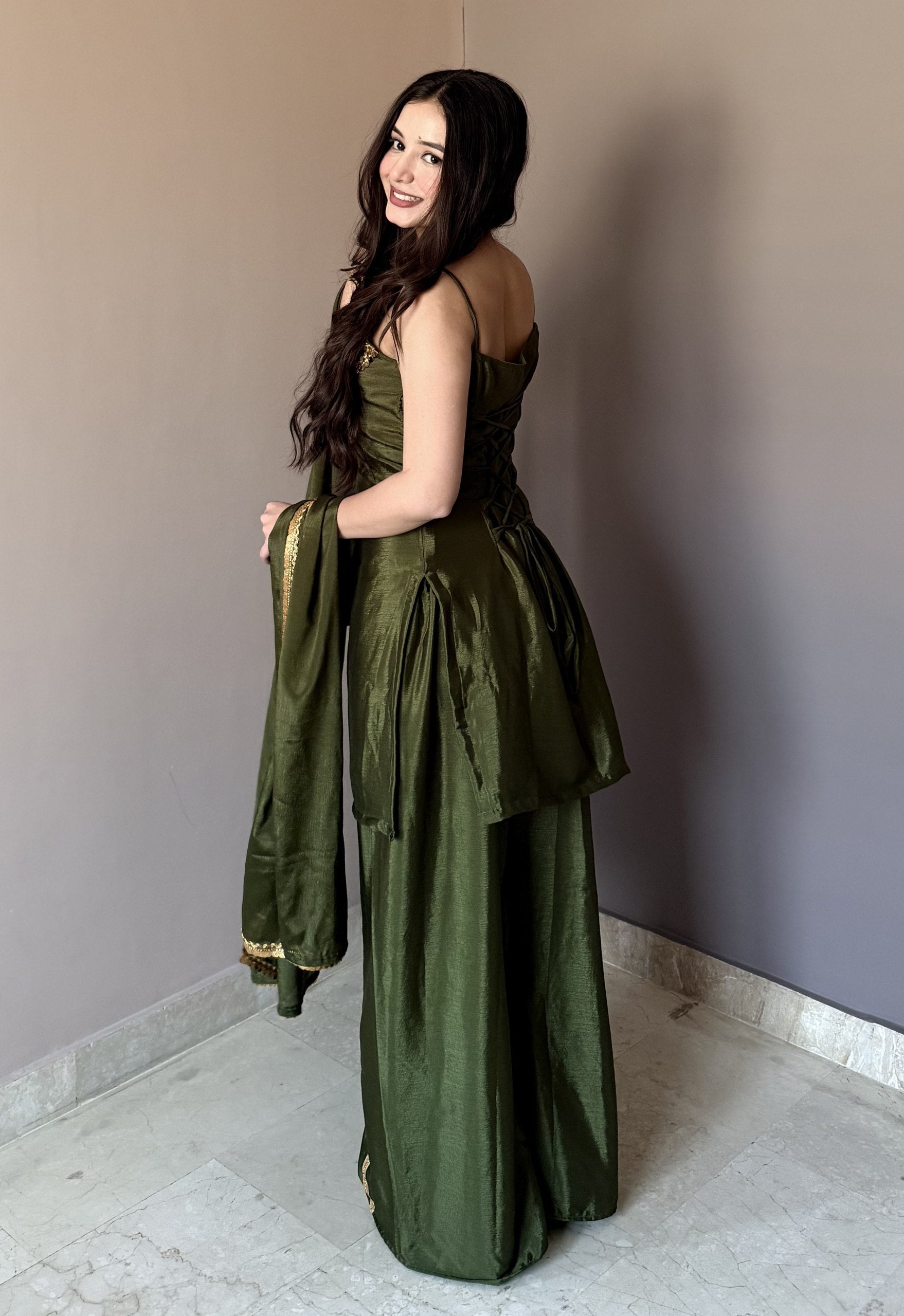 Green corset kurta with palazzo and dupatta