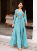 Blue long jacket with top and pent set