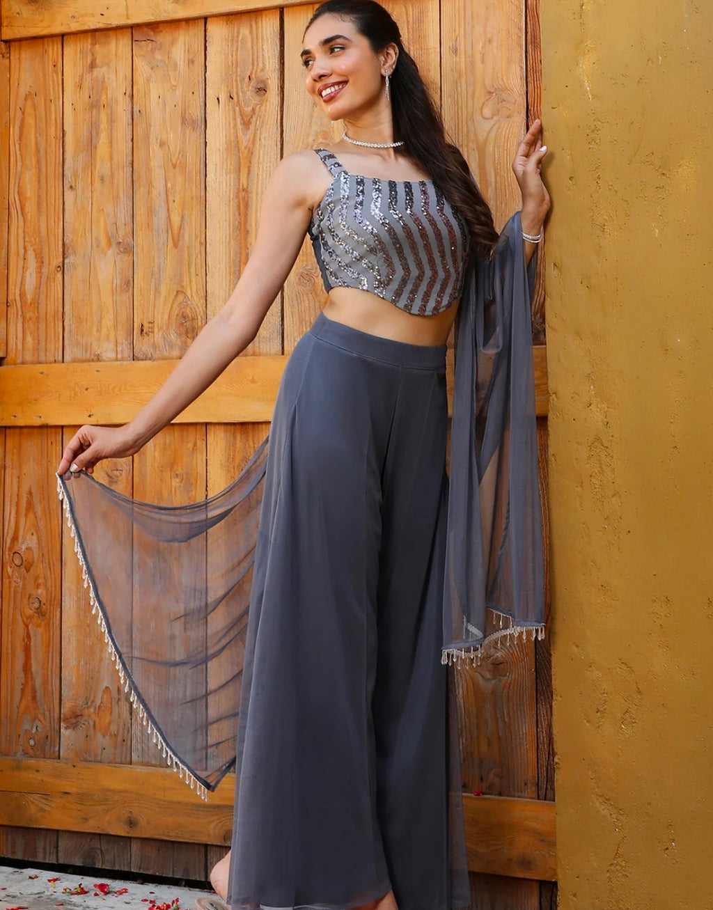 Grey corset top with palazzo and dupatta set