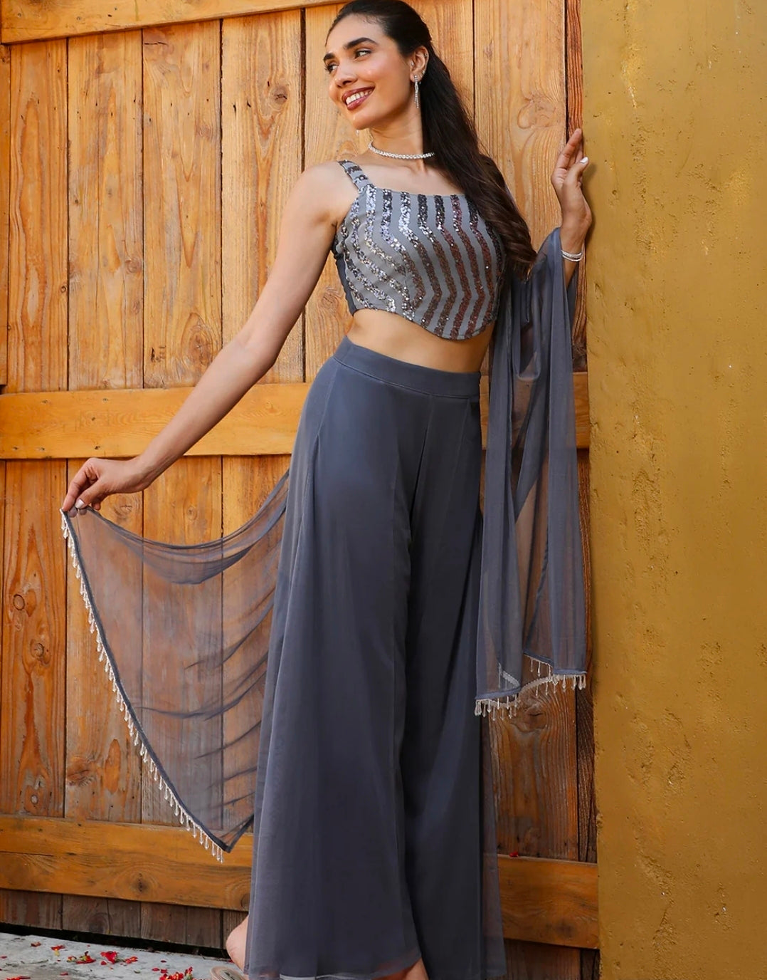 Grey corset top with palazzo and dupatta set