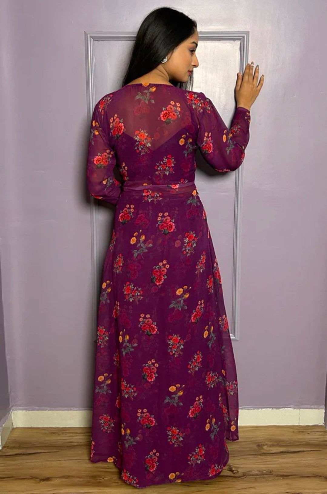 Purple printed top with cape and palazzo set